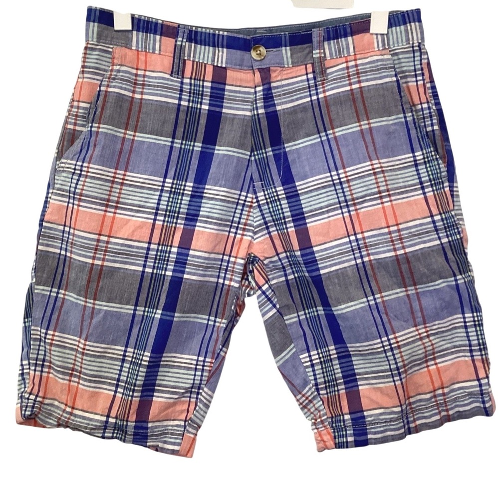 US Polo Mens Shorts Plaid Madras Blue Grey Coral Green Flat Front Cotton - 30